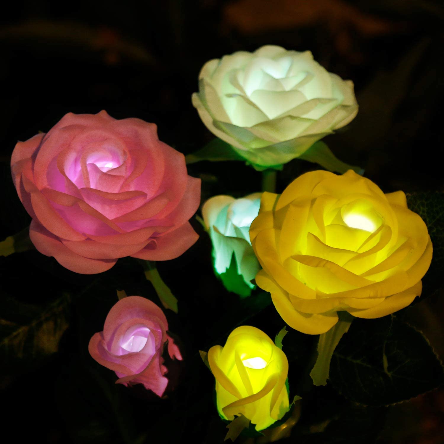 Anpro Solar Garden Rose Lights,3 Pack Waterproof Solar Lights with 6 Roses Lights Outdoor Garden Decorative, Waterproof with Stakes Decor for Garden Yard Party,Valentine's Day(White, Pink,Yellow)
