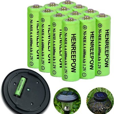 Henreepow Ni-MH AA Rechargeable Batteries, Double A High Capacity 1.2V Pre-Charged for Garden Landscaping Outdoor Solar Lights, String Lights, Pathway Lights (AA-600mAh-12pack)