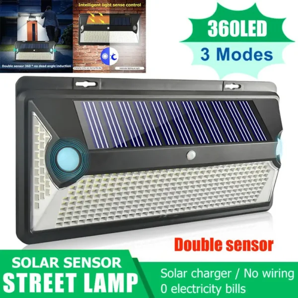 360/720 LED Solar Light Sunlight Outdoor Waterproof Street Exterior Wall Lamp PIR Motion Sensor Night Lighting Garden Decoration