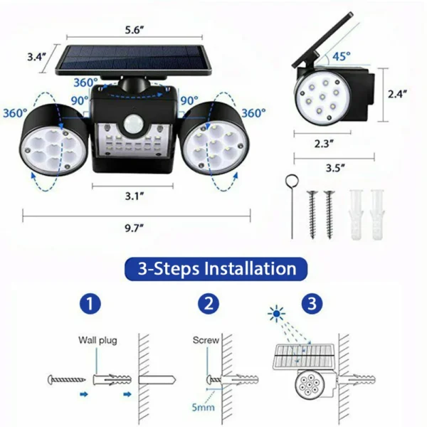 WAKYME 30 LED Solar Light Waterproof PIR Motion Sensor Wall Lamp Solar Powered Adjustable Angle Dual Head Garden Spotlight - Image 5