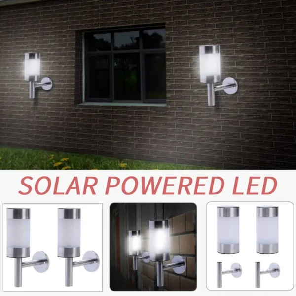 2pcs Solar Powered LED Wall Light  400mAh Fence Stainless Steel Bright White LED Bulb Lamp for Outdoor Garden Courtyard Lighting